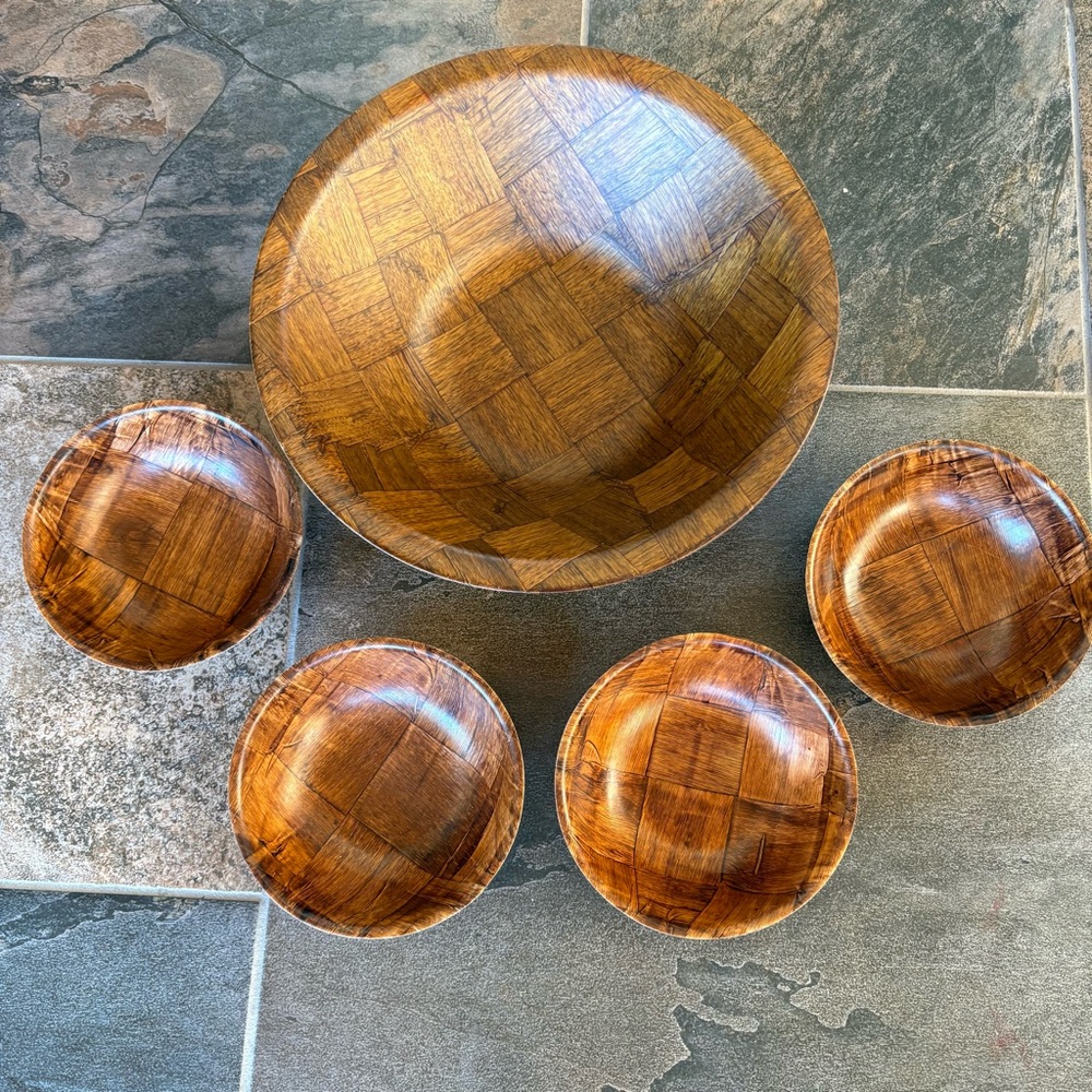 Vintage MCM Weavewood Parquet Salad Bowl Set